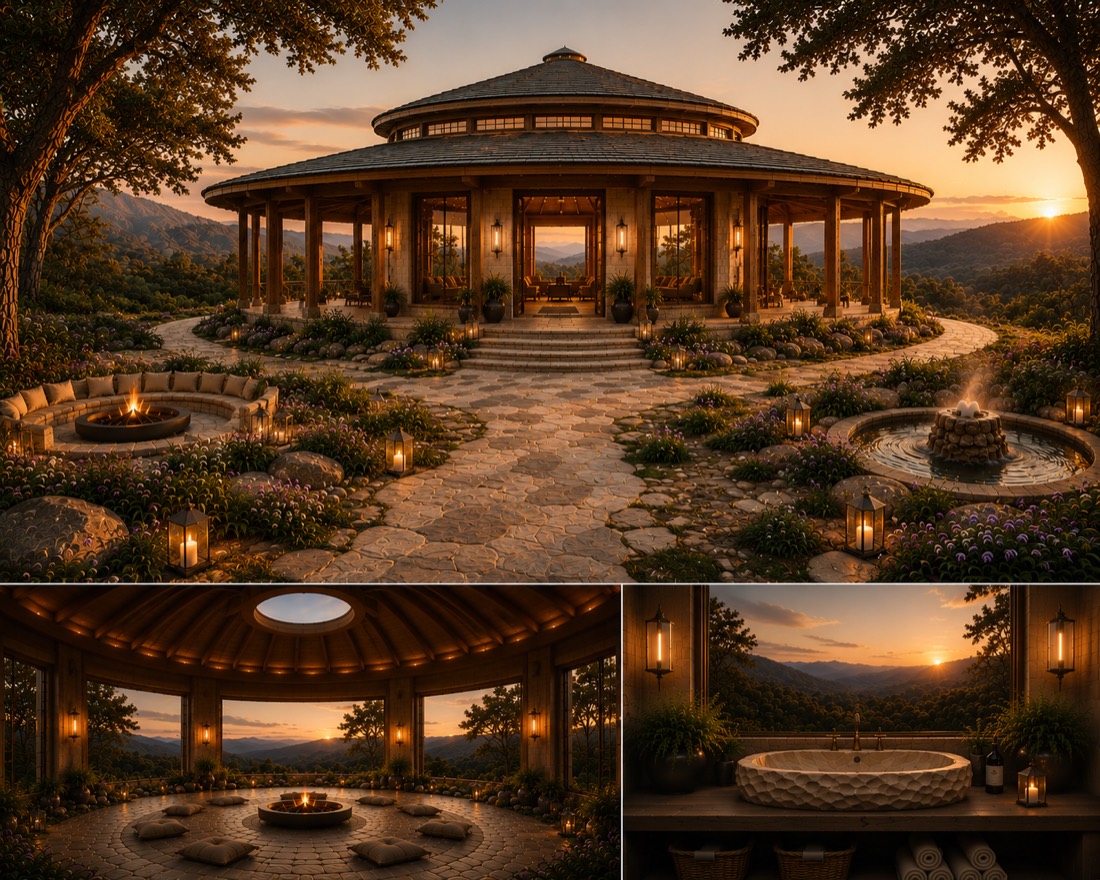 A round ceremony pavilion at golden hour